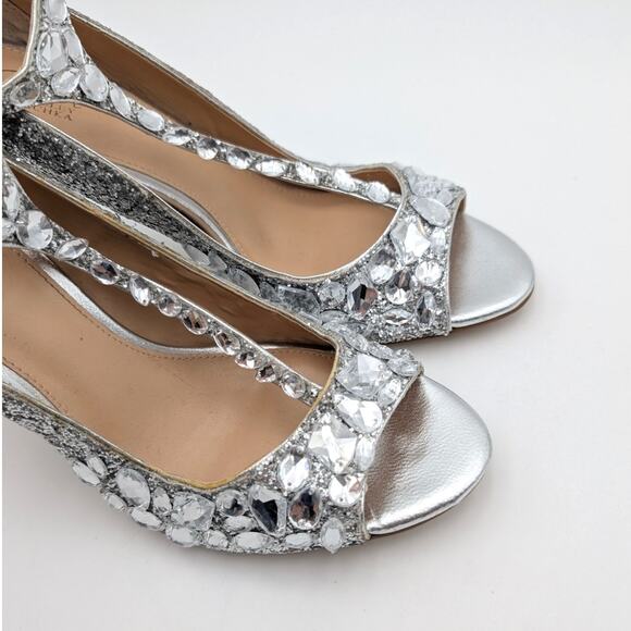 Jewel Badgley Mischka Conroy Metallic Glitter Heel Sandal Silver Size US8.5 EU39 - Picture 9 of 10